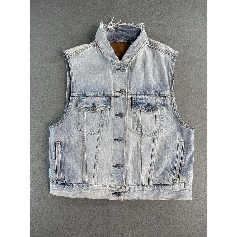 American Eagle Outfitters Vest Womens XL Blue Denim Button Biker Lined Warm